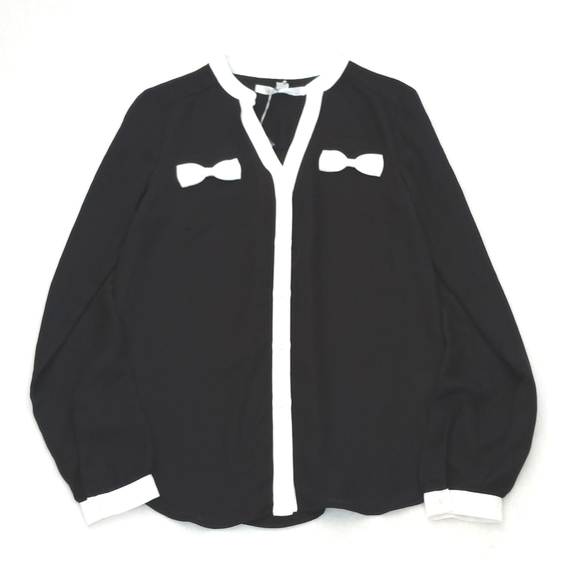 NWT Lauren Conrad Black Semi Sheer Long Sleeve Blouse with 2 Delicate Bows - Picture 1 of 7